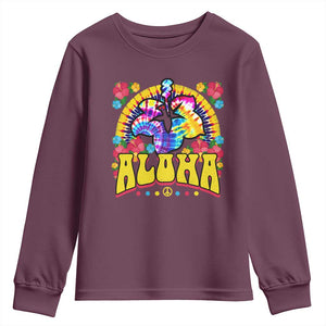 Hawaii Family Vacation Youth Sweatshirt Tie Dye Groovy Hibicus Flower Beach Vacay Hawaiian Christmas TS10 Maroon Print Your Wear