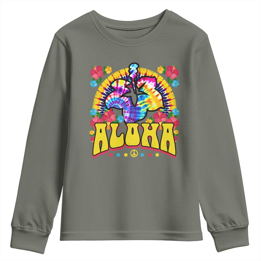 Hawaii Family Vacation Youth Sweatshirt Tie Dye Groovy Hibicus Flower Beach Vacay Hawaiian Christmas TS10 Military Green Print Your Wear