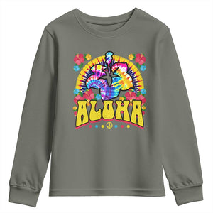 Hawaii Family Vacation Youth Sweatshirt Tie Dye Groovy Hibicus Flower Beach Vacay Hawaiian Christmas TS10 Military Green Print Your Wear