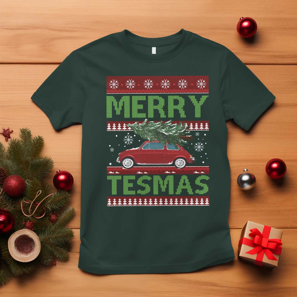 Funny Christmas Truck T Shirt Merry Tesmas Cybertruck Futuristic Car Ugly Sweater TS10 Dark Forest Green Print Your Wear