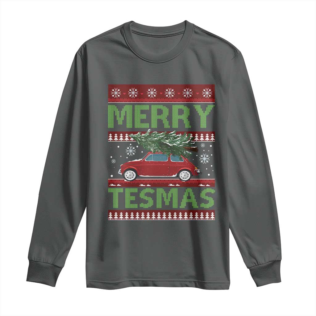 Funny Christmas Truck Long Sleeve Shirt Merry Tesmas Cybertruck Futuristic Car Ugly Sweater TS10 Dark Heather Print Your Wear