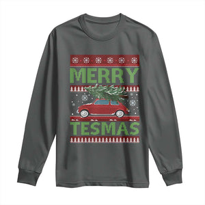 Funny Christmas Truck Long Sleeve Shirt Merry Tesmas Cybertruck Futuristic Car Ugly Sweater TS10 Dark Heather Print Your Wear