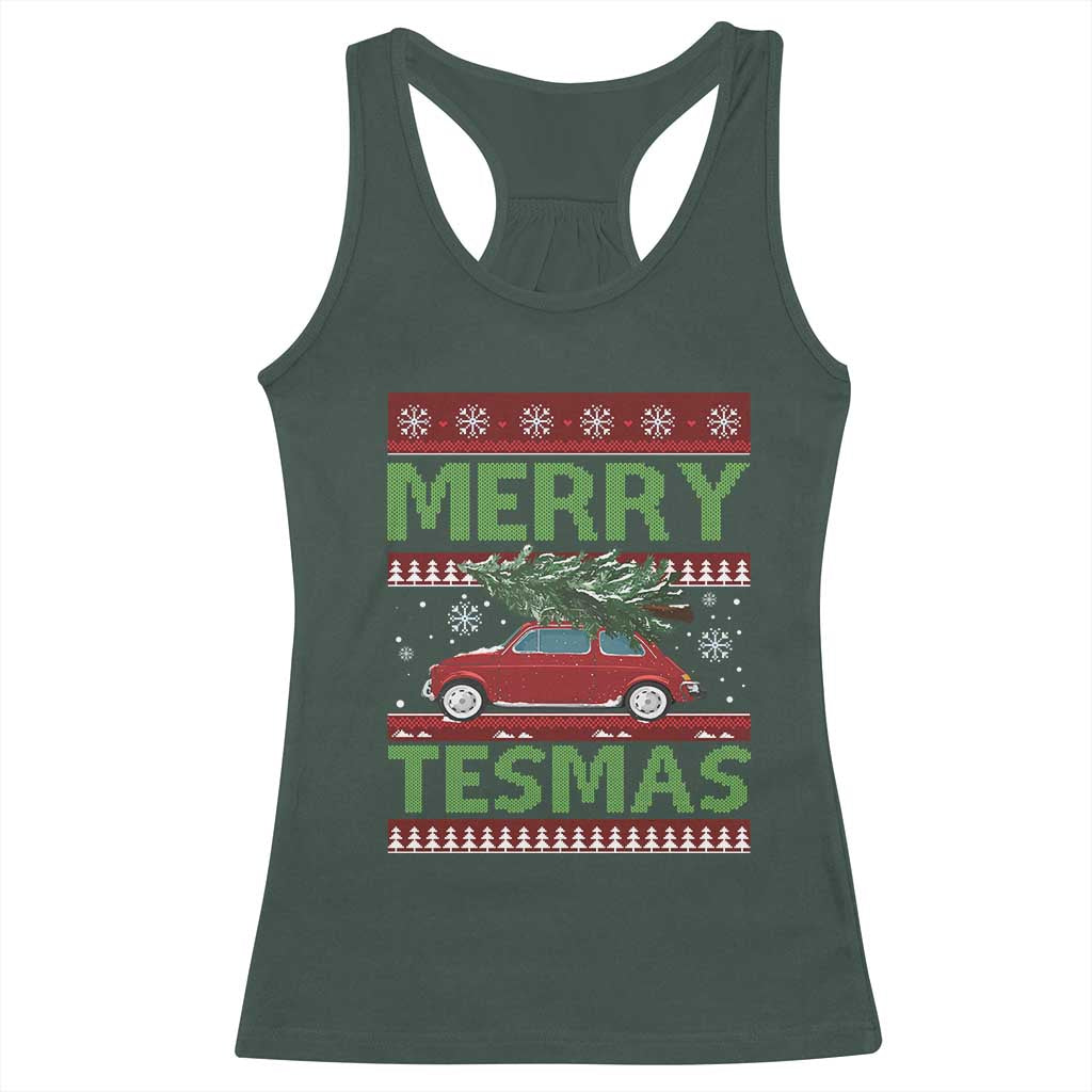 Funny Christmas Truck Racerback Tank Top Merry Tesmas Cybertruck Futuristic Car Ugly Sweater TS10 Dark Forest Green Print Your Wear