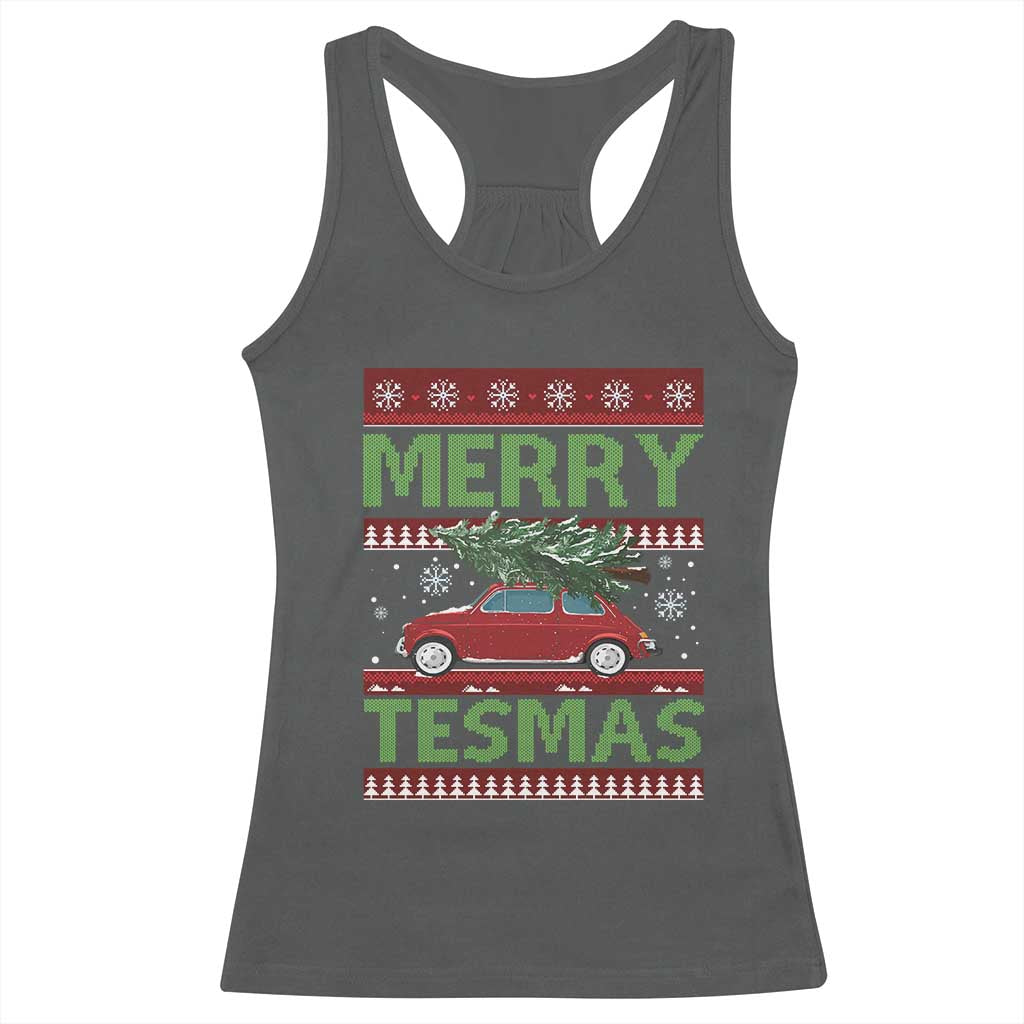 Funny Christmas Truck Racerback Tank Top Merry Tesmas Cybertruck Futuristic Car Ugly Sweater TS10 Dark Heather Print Your Wear
