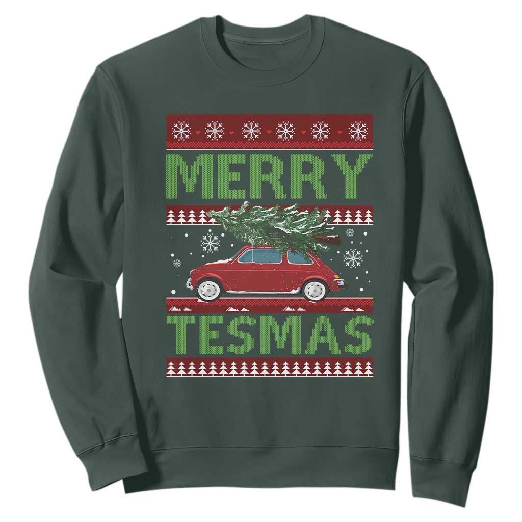 Funny Christmas Truck Sweatshirt Merry Tesmas Cybertruck Futuristic Car Ugly Sweater TS10 Dark Forest Green Print Your Wear