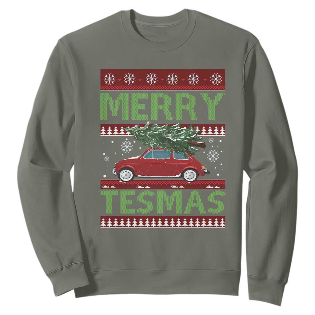 Funny Christmas Truck Sweatshirt Merry Tesmas Cybertruck Futuristic Car Ugly Sweater TS10 Military Green Print Your Wear