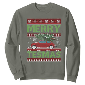 Funny Christmas Truck Sweatshirt Merry Tesmas Cybertruck Futuristic Car Ugly Sweater TS10 Military Green Print Your Wear