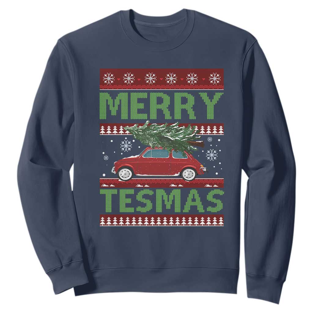 Funny Christmas Truck Sweatshirt Merry Tesmas Cybertruck Futuristic Car Ugly Sweater TS10 Navy Print Your Wear