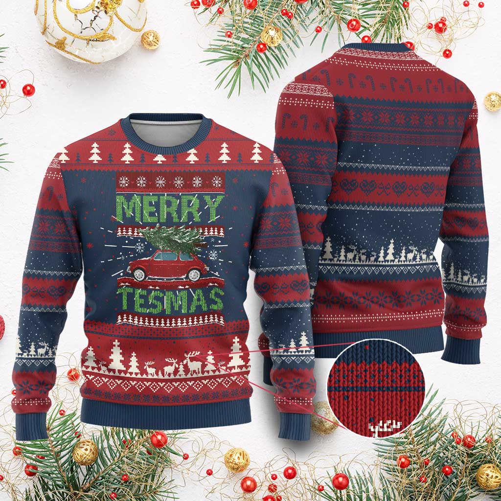 Funny Christmas Truck Knit Sweatshirt Merry Tesmas Cybertruck Futuristic Car Ugly Sweater TS10 Burgundy Print Your Wear