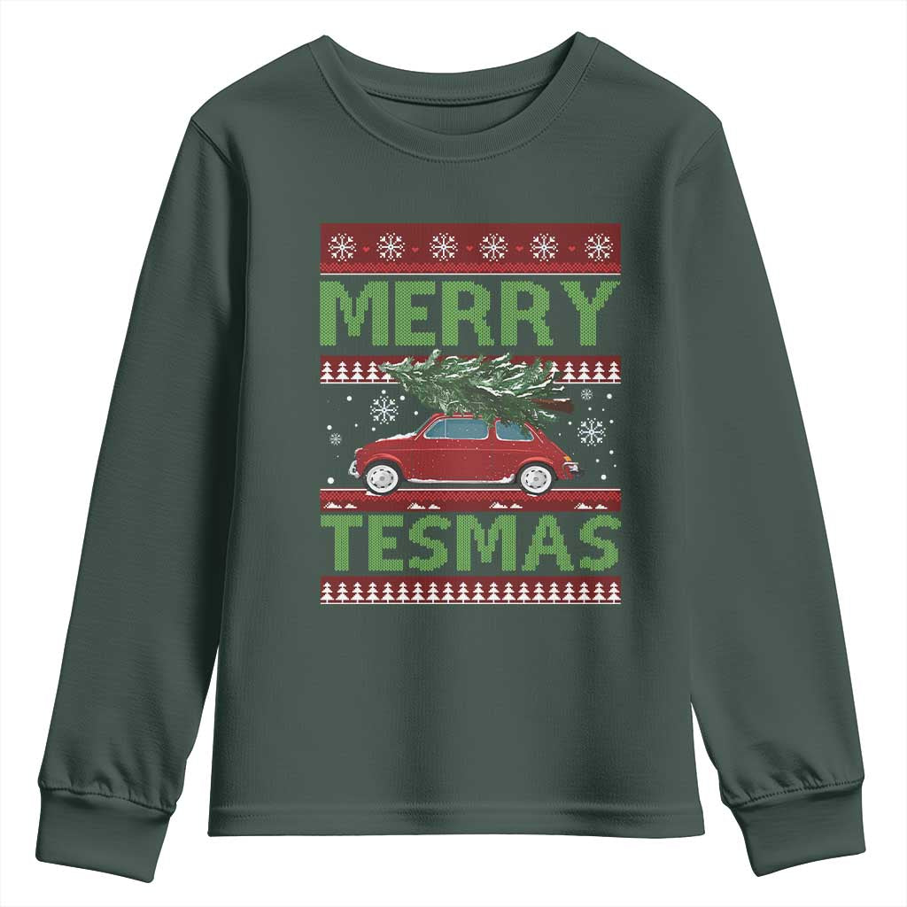 Funny Christmas Truck Youth Sweatshirt Merry Tesmas Cybertruck Futuristic Car Ugly Sweater TS10 Dark Forest Green Print Your Wear
