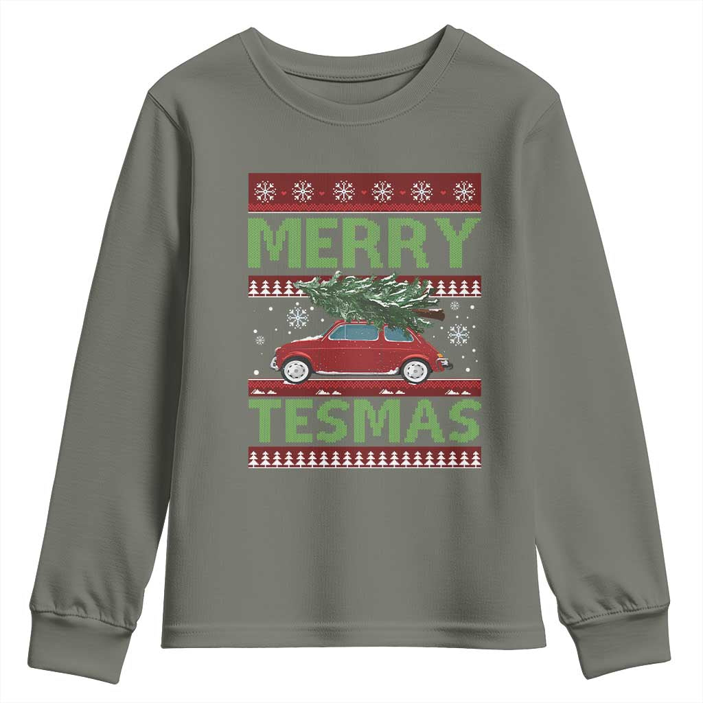 Funny Christmas Truck Youth Sweatshirt Merry Tesmas Cybertruck Futuristic Car Ugly Sweater TS10 Military Green Print Your Wear