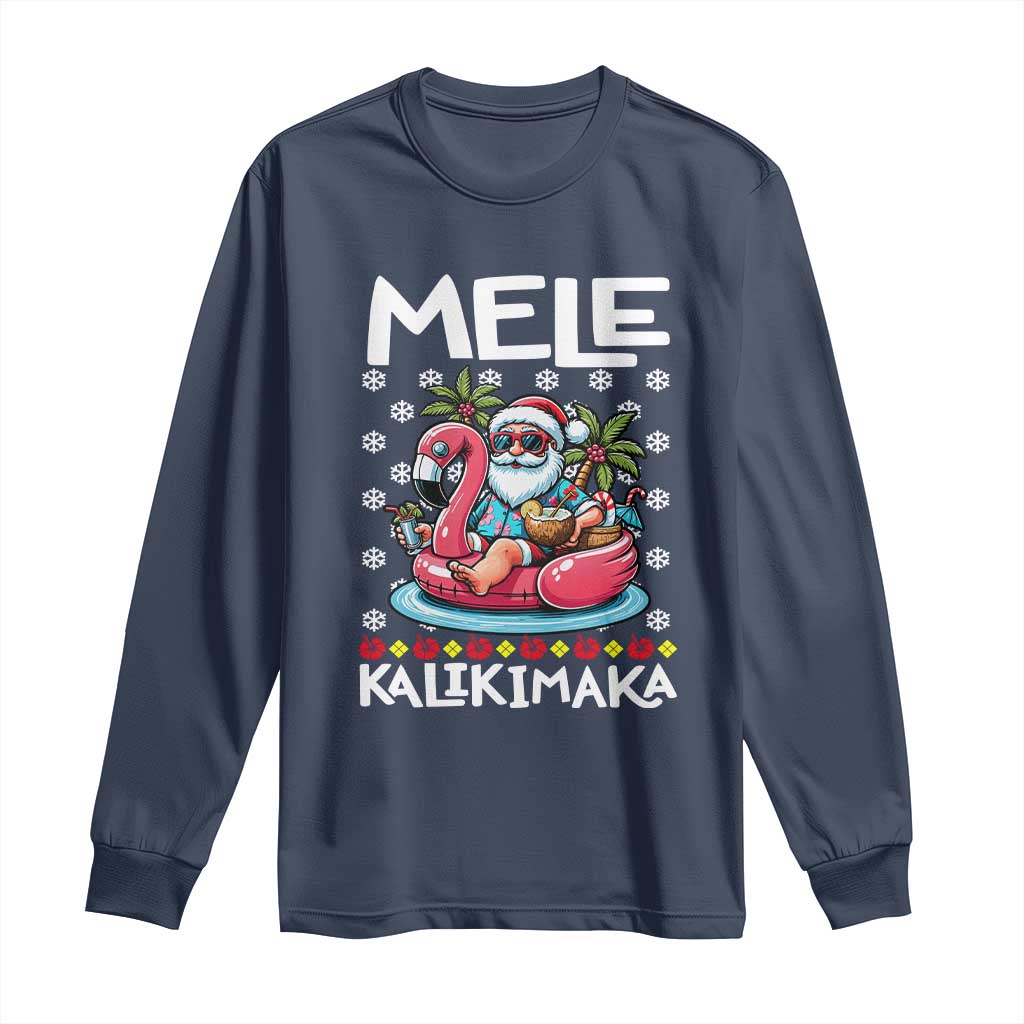 Mele Kalikimaka Hawaiian Christmas Santa Long Sleeve Shirt Palm Tree Beach Tropical Hawaii Xmas TS10 Navy Print Your Wear