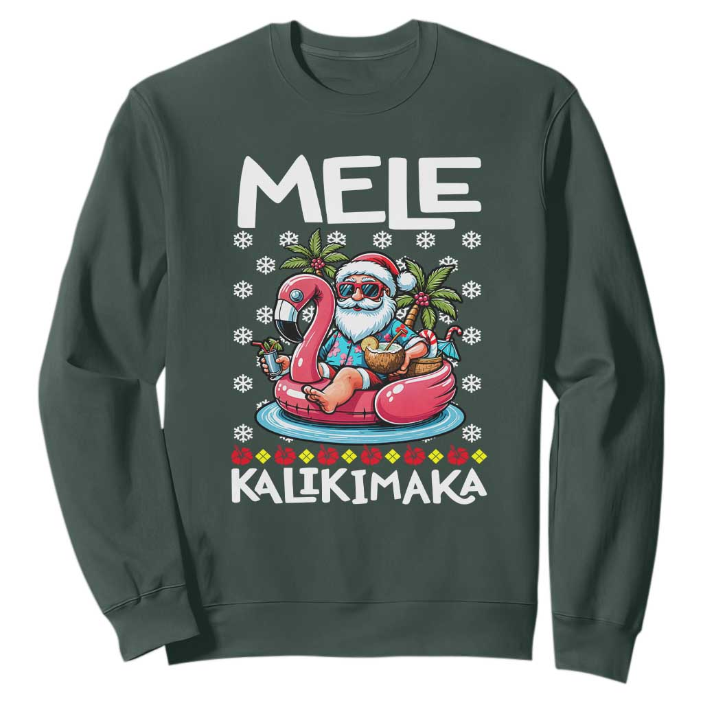 Mele Kalikimaka Hawaiian Christmas Santa Sweatshirt Palm Tree Beach Tropical Hawaii Xmas TS10 Dark Forest Green Print Your Wear