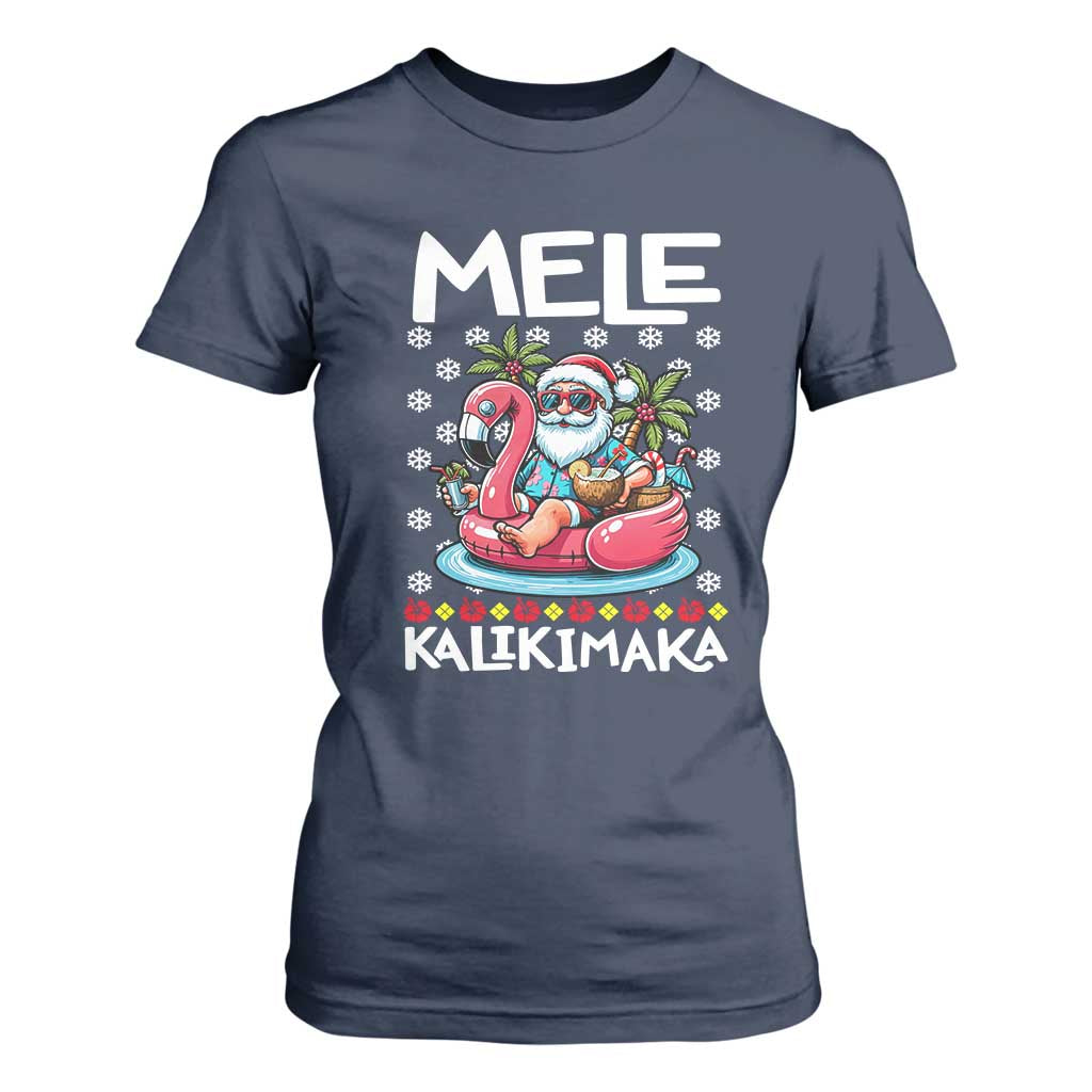 Mele Kalikimaka Hawaiian Christmas Santa T Shirt For Women Palm Tree Beach Tropical Hawaii Xmas TS10 Navy Print Your Wear