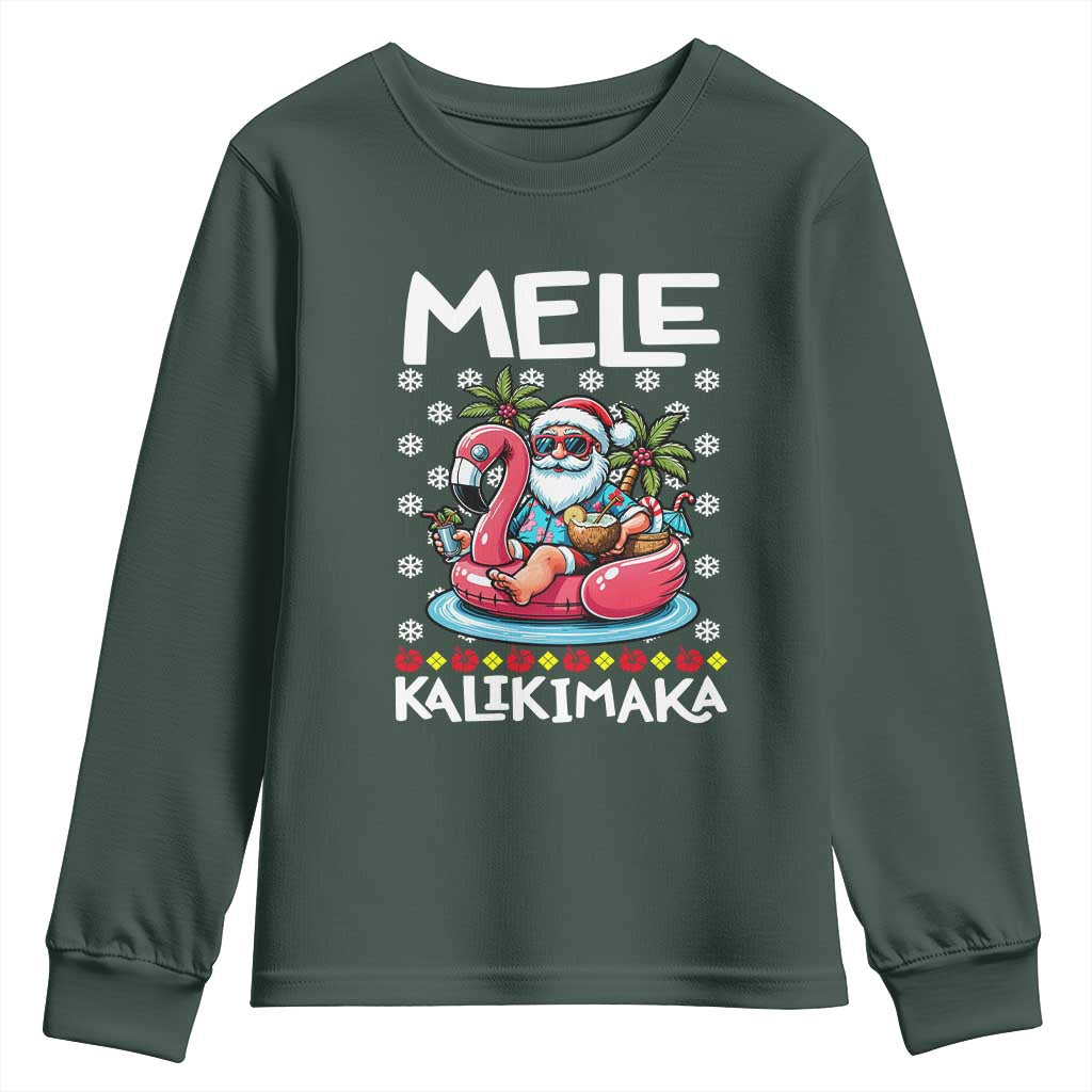 Mele Kalikimaka Hawaiian Christmas Santa Youth Sweatshirt Palm Tree Beach Tropical Hawaii Xmas TS10 Dark Forest Green Print Your Wear