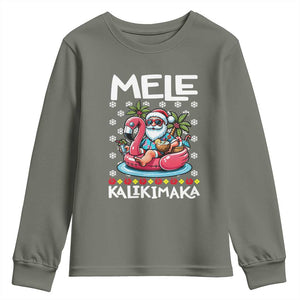 Mele Kalikimaka Hawaiian Christmas Santa Youth Sweatshirt Palm Tree Beach Tropical Hawaii Xmas TS10 Military Green Print Your Wear