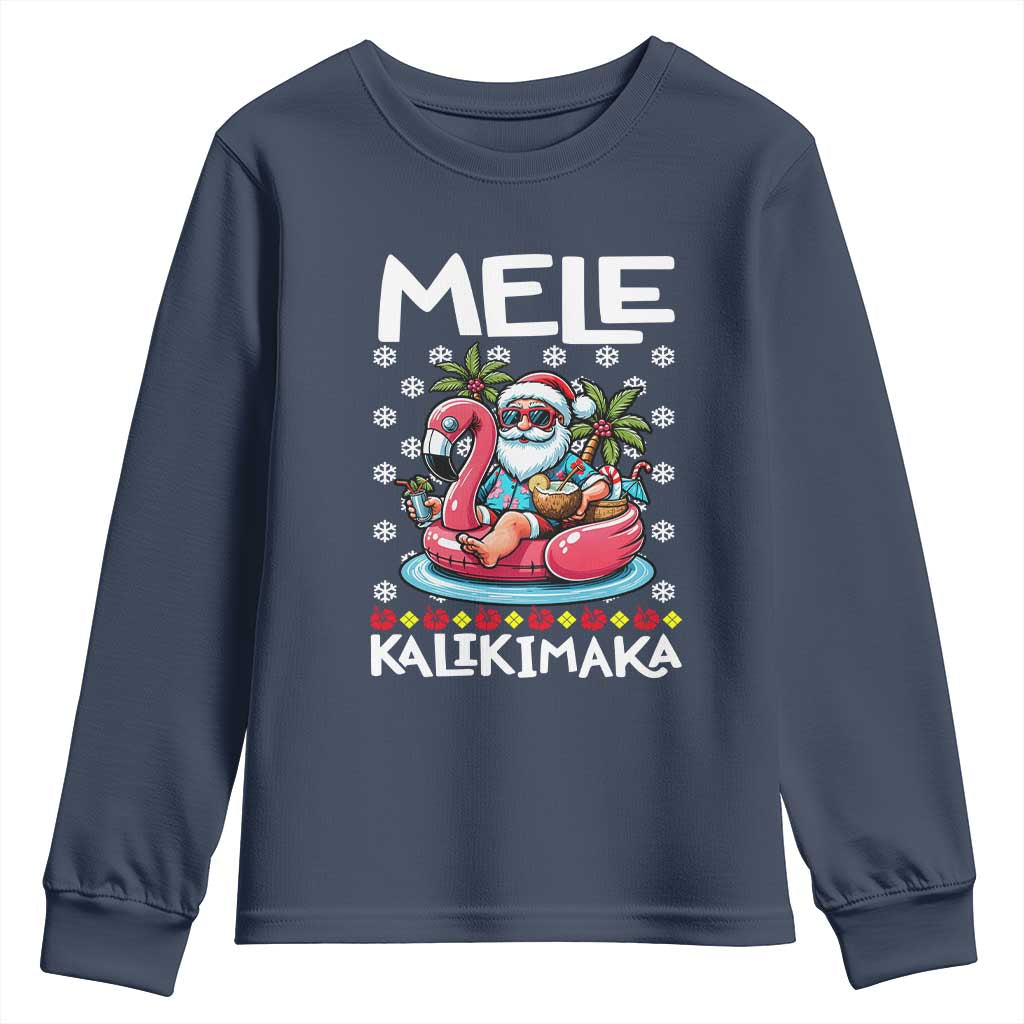 Mele Kalikimaka Hawaiian Christmas Santa Youth Sweatshirt Palm Tree Beach Tropical Hawaii Xmas TS10 Navy Print Your Wear