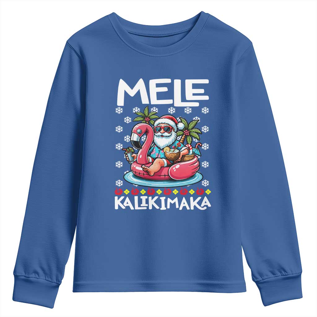 Mele Kalikimaka Hawaiian Christmas Santa Youth Sweatshirt Palm Tree Beach Tropical Hawaii Xmas TS10 Royal Blue Print Your Wear
