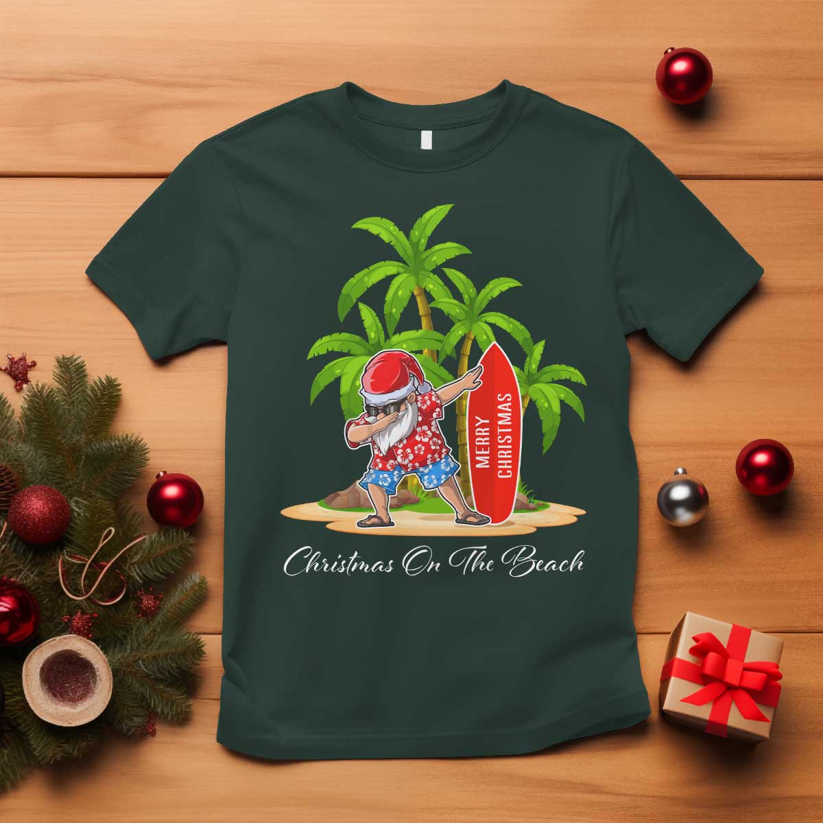 Hawaiian Christmas Santa T Shirt Christmas On The Beach Vacation TS10 Dark Forest Green Print Your Wear