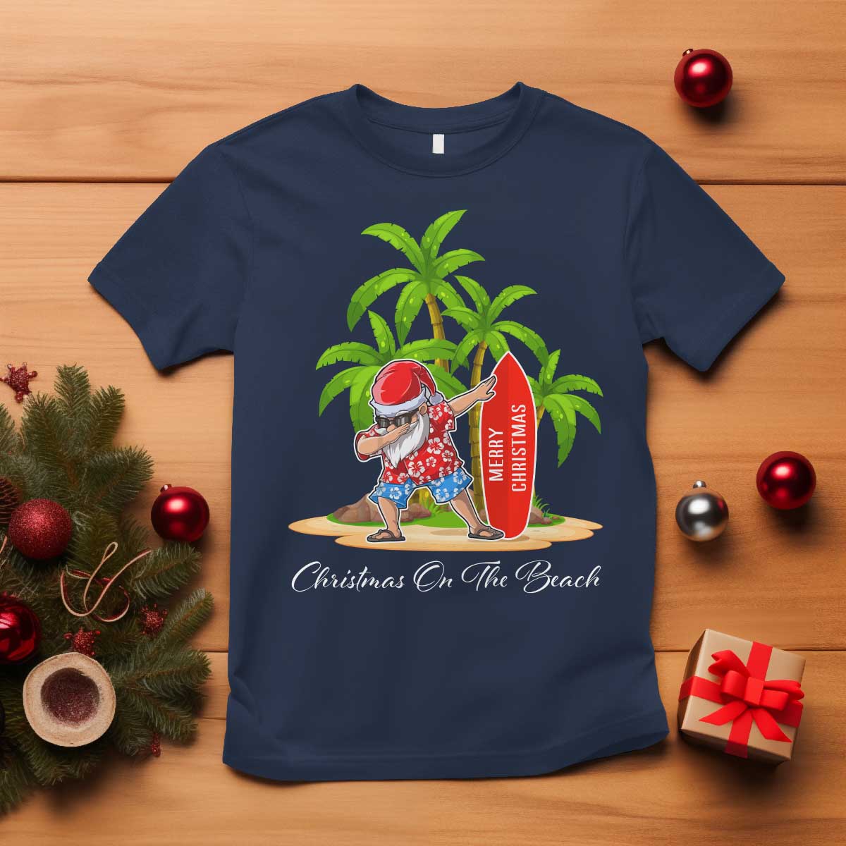 Hawaiian Christmas Santa T Shirt Christmas On The Beach Vacation TS10 Navy Print Your Wear