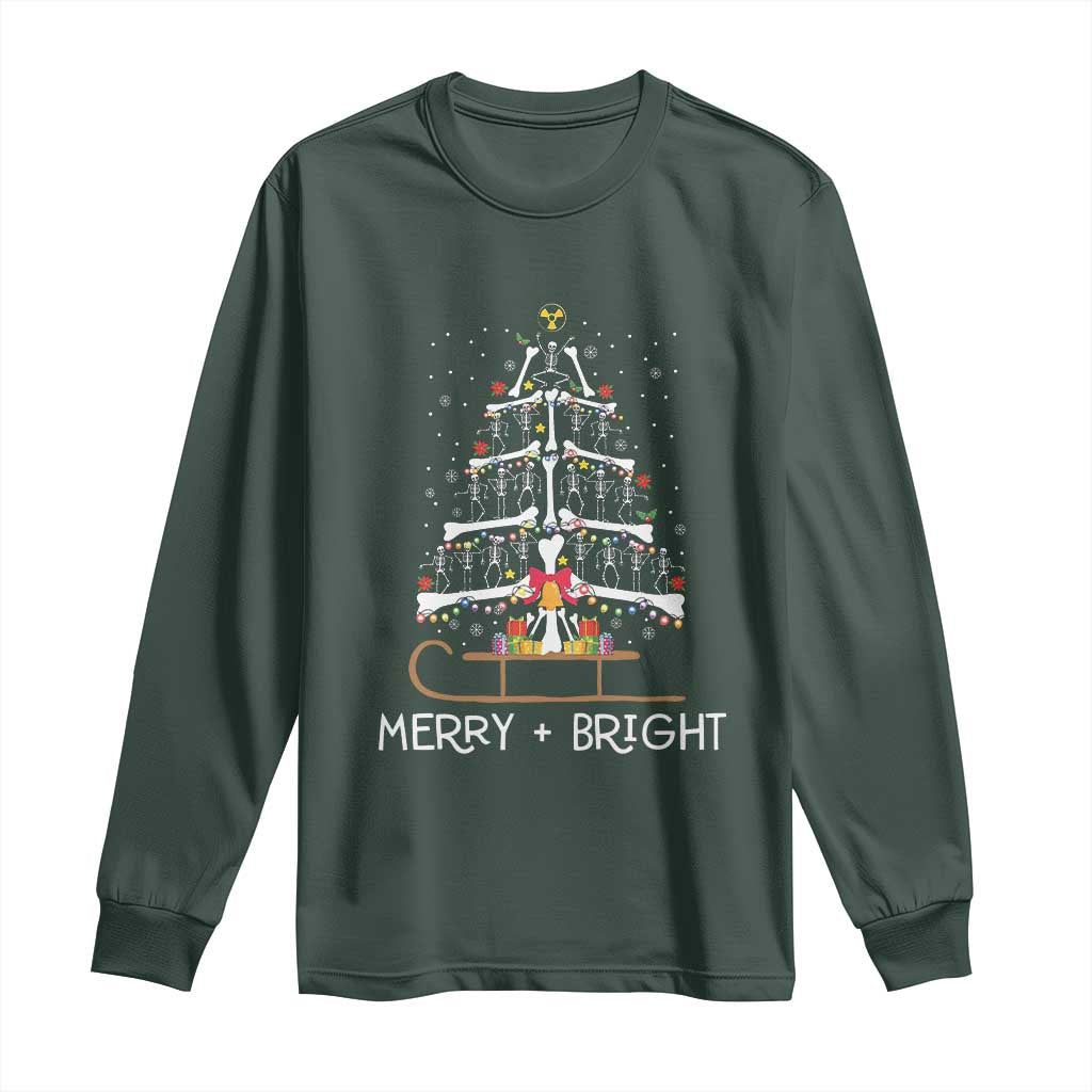 Christmas Radiology Long Sleeve Shirt Merry and Bright Dancing Skeleton Xmas Tree Rad Tech Gift TS10 Dark Forest Green Print Your Wear