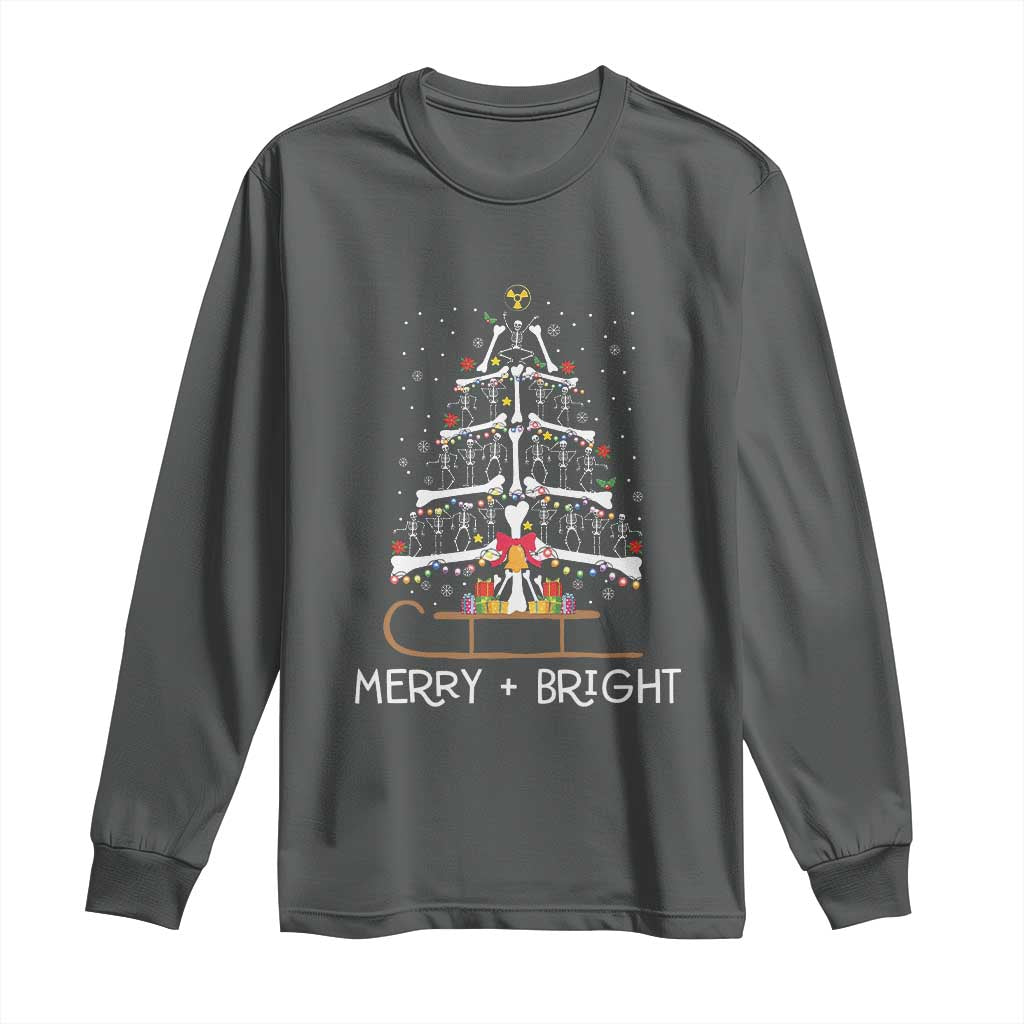 Christmas Radiology Long Sleeve Shirt Merry and Bright Dancing Skeleton Xmas Tree Rad Tech Gift TS10 Dark Heather Print Your Wear