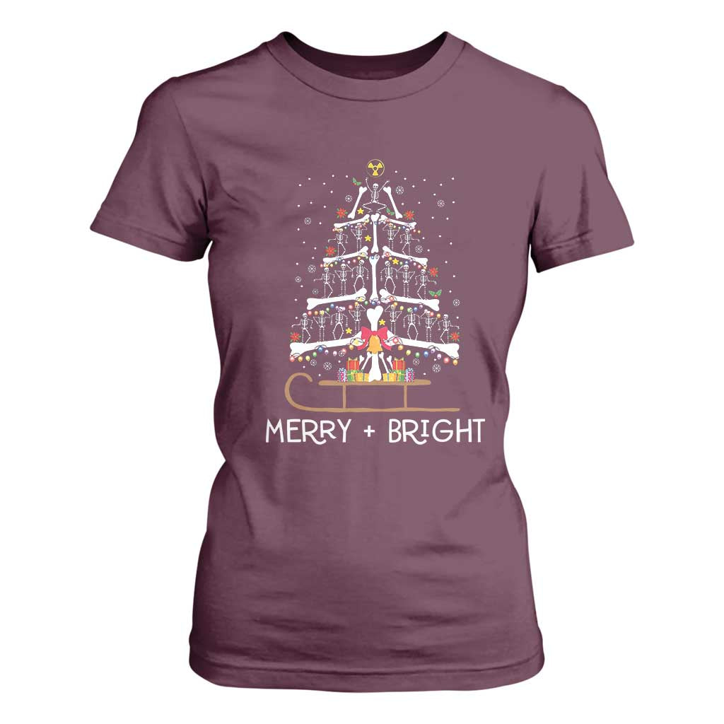 Christmas Radiology T Shirt For Women Merry and Bright Dancing Skeleton Xmas Tree Rad Tech Gift TS10 Maroon Print Your Wear
