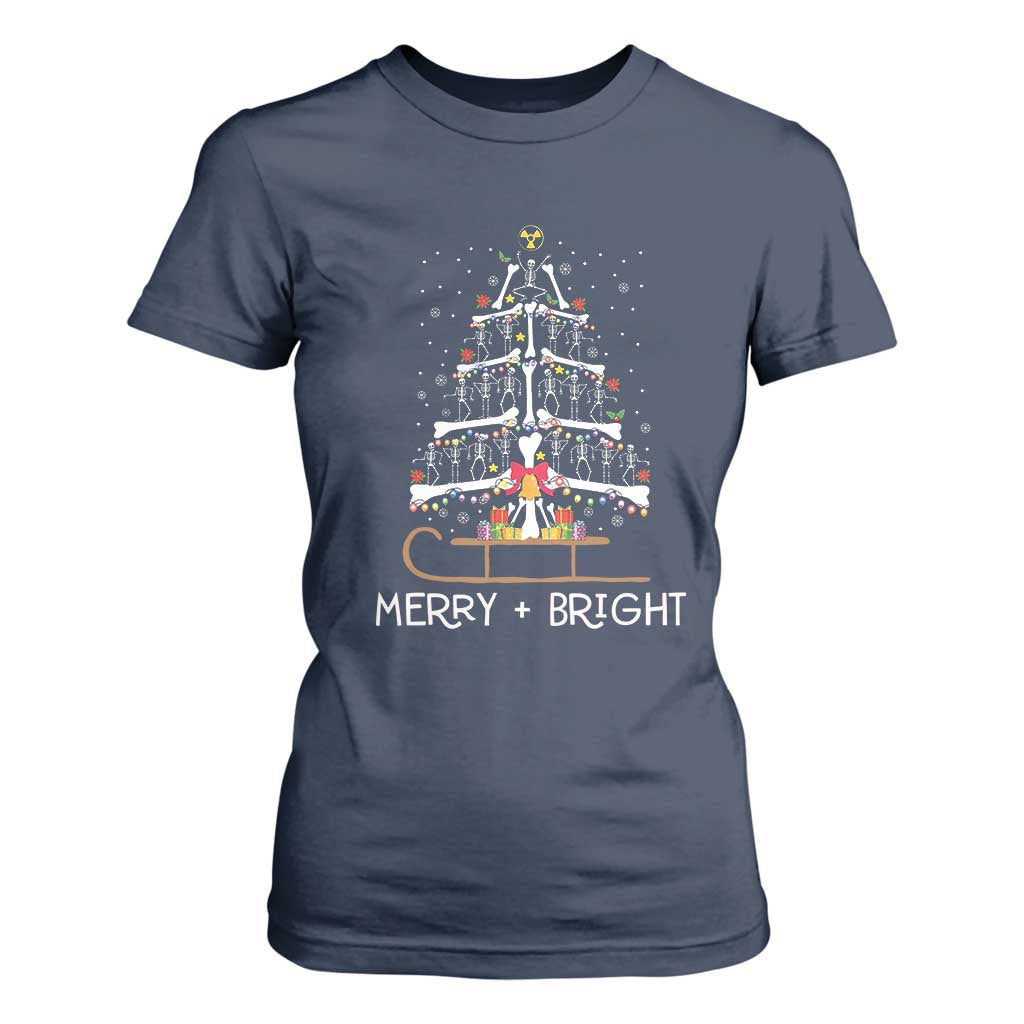 Christmas Radiology T Shirt For Women Merry and Bright Dancing Skeleton Xmas Tree Rad Tech Gift TS10 Navy Print Your Wear