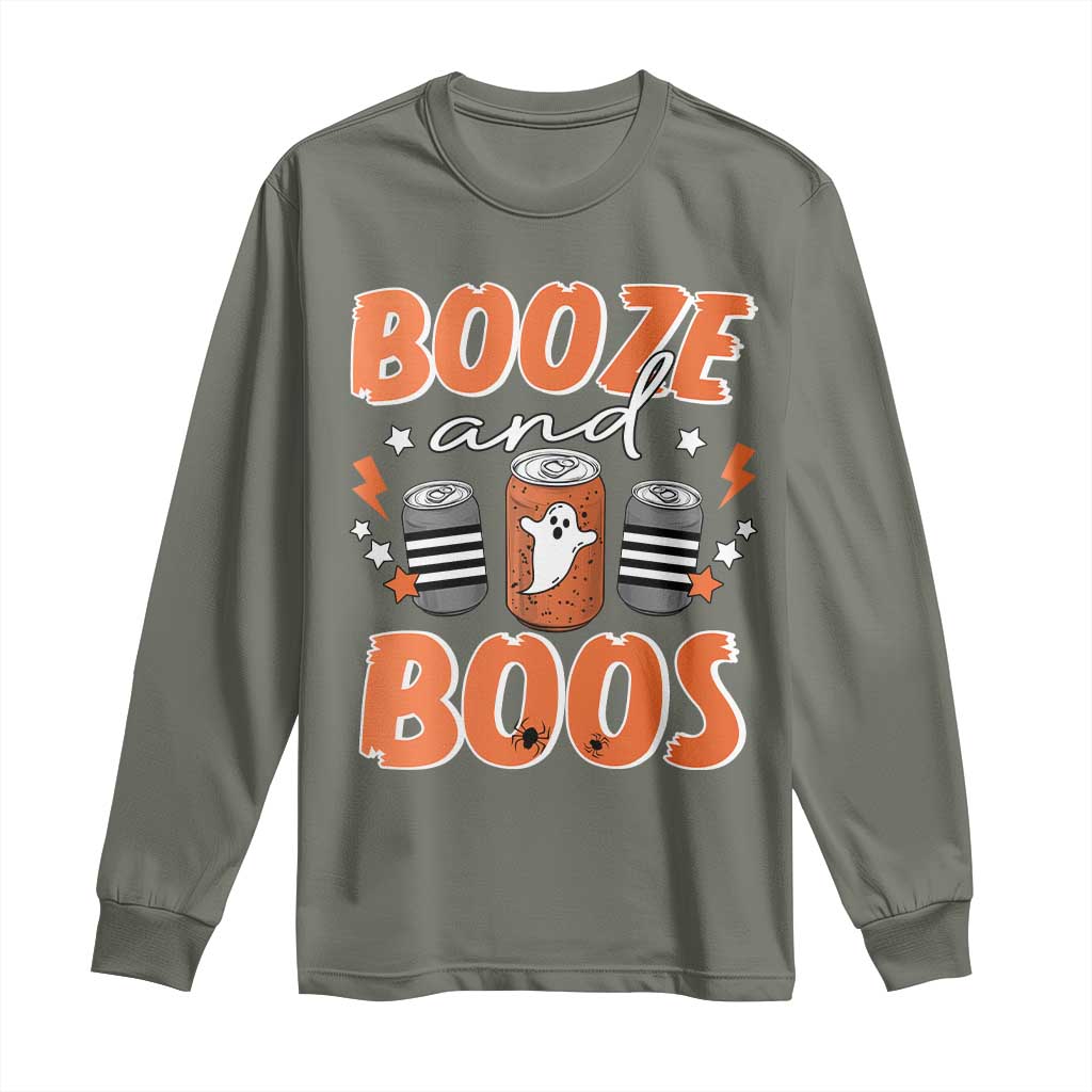 Retro Halloween Booze And Boos Long Sleeve Shirt Boo Sheet Ghost Spooky Season TS10 Military Green Print Your Wear