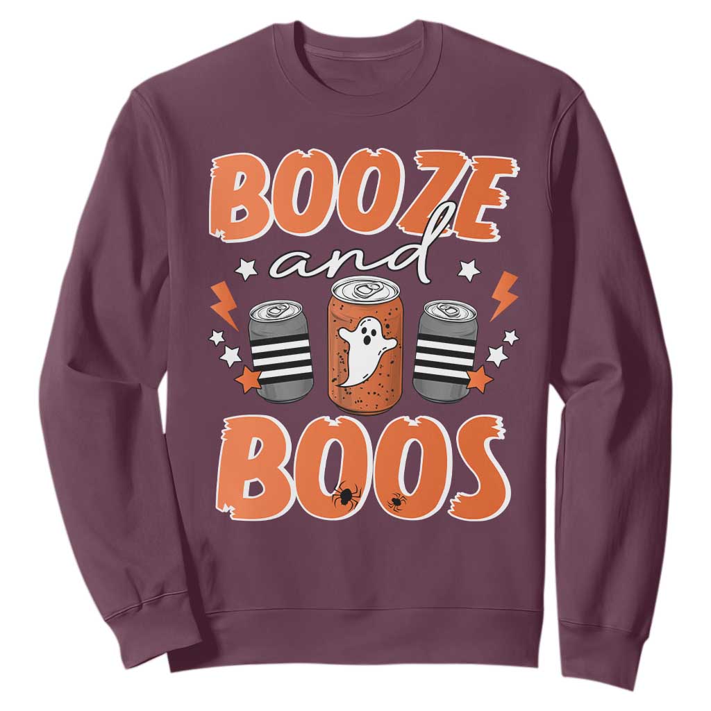 Retro Halloween Booze And Boos Sweatshirt Boo Sheet Ghost Spooky Season TS10 Maroon Print Your Wear
