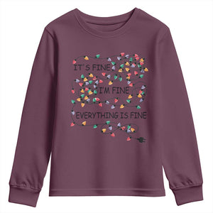 Funny Christmas Youth Sweatshirt It's Fine I'm Fine Everything Is Fine Xmas Lights TS10 Maroon Print Your Wear