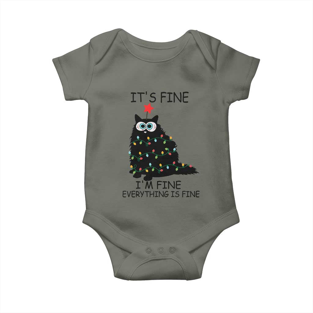 Funny Christmas Cat Baby Onesie It's Fine I'm Fine Everything Is Fine Meowy Catmas Xmas TS10 Military Green Print Your Wear