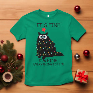 Funny Christmas Cat T Shirt It's Fine I'm Fine Everything Is Fine Meowy Catmas Xmas TS10 Irish Green Print Your Wear
