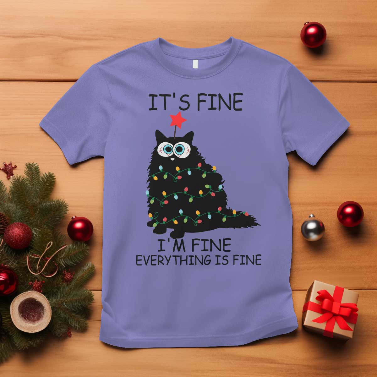 Funny Christmas Cat T Shirt It's Fine I'm Fine Everything Is Fine Meowy Catmas Xmas TS10 Violet Print Your Wear