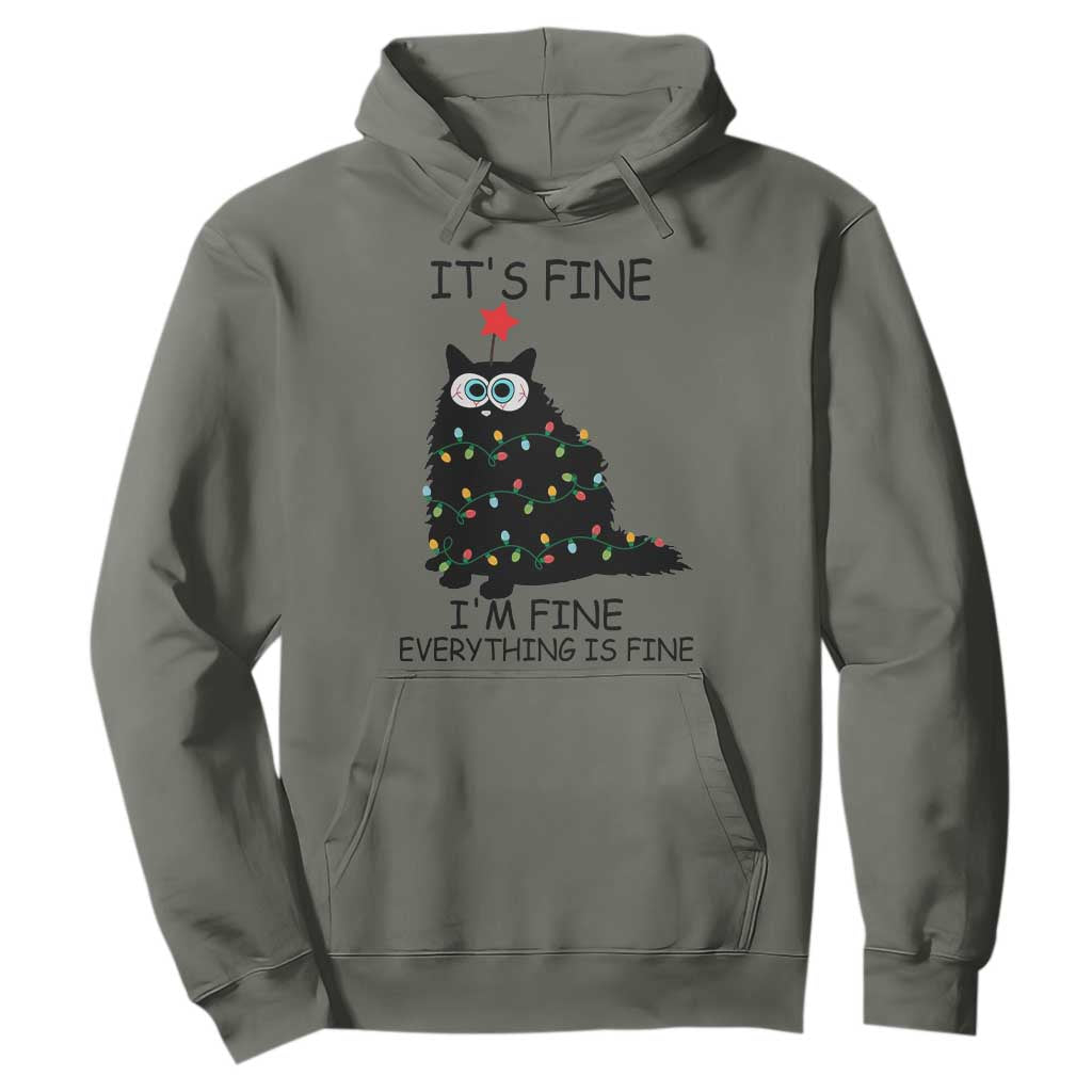 Funny Christmas Cat Hoodie It's Fine I'm Fine Everything Is Fine Meowy Catmas Xmas TS10 Military Green Print Your Wear