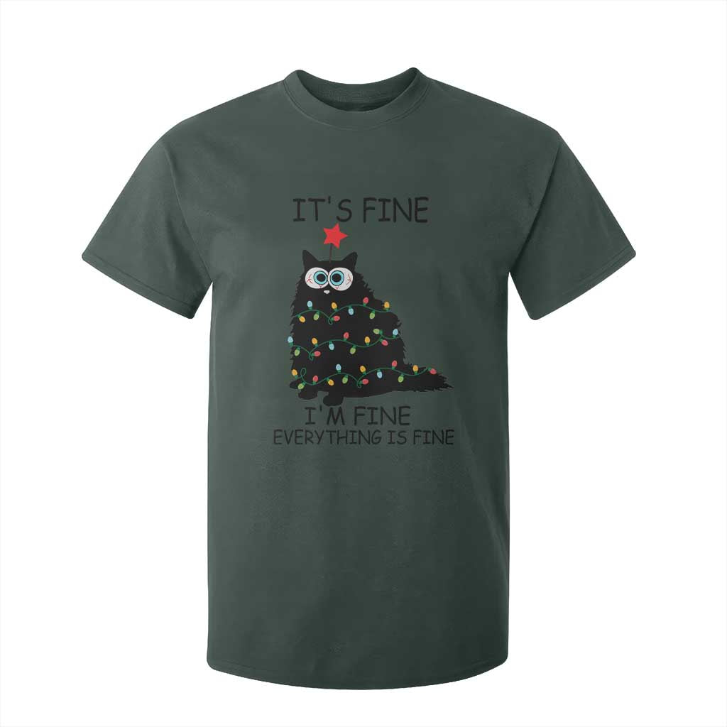 Funny Christmas Cat T Shirt For Kid It's Fine I'm Fine Everything Is Fine Meowy Catmas Xmas TS10 Dark Forest Green Print Your Wear