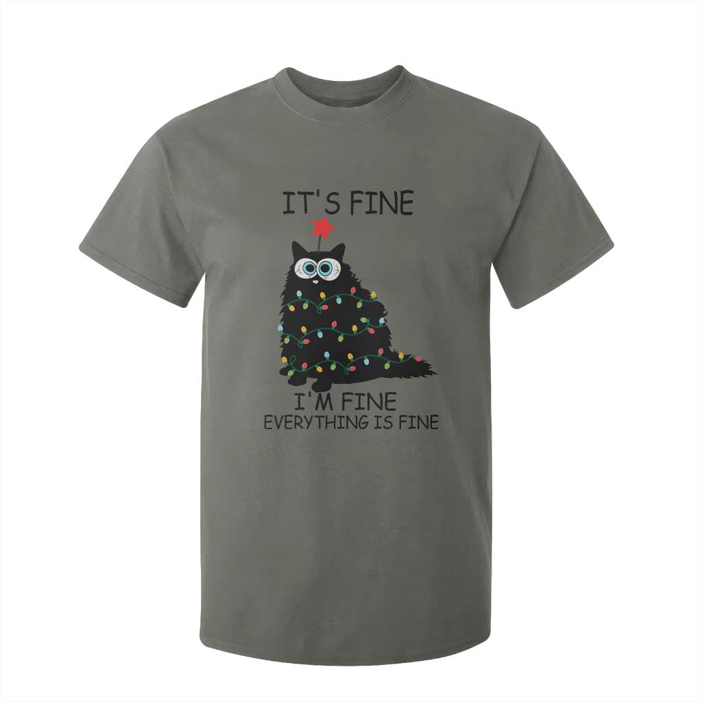 Funny Christmas Cat T Shirt For Kid It's Fine I'm Fine Everything Is Fine Meowy Catmas Xmas TS10 Military Green Print Your Wear