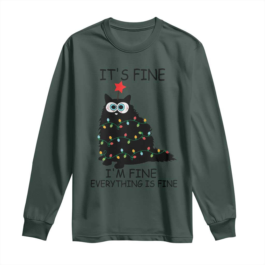 Funny Christmas Cat Long Sleeve Shirt It's Fine I'm Fine Everything Is Fine Meowy Catmas Xmas TS10 Dark Forest Green Print Your Wear
