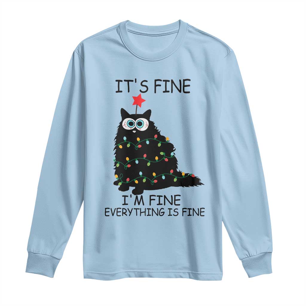 Funny Christmas Cat Long Sleeve Shirt It's Fine I'm Fine Everything Is Fine Meowy Catmas Xmas TS10 Light Blue Print Your Wear