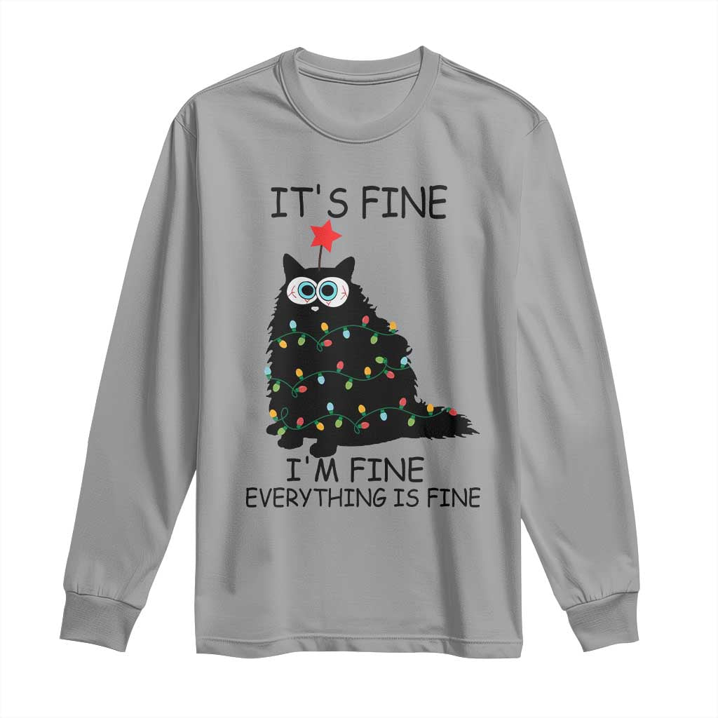 Funny Christmas Cat Long Sleeve Shirt It's Fine I'm Fine Everything Is Fine Meowy Catmas Xmas TS10 Sport Gray Print Your Wear