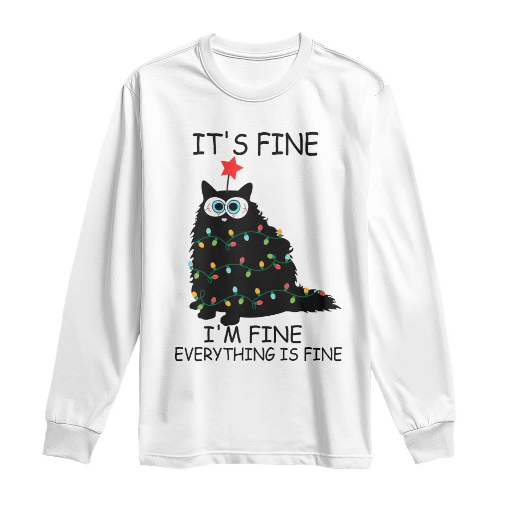Funny Christmas Cat Long Sleeve Shirt It's Fine I'm Fine Everything Is Fine Meowy Catmas Xmas TS10 White Print Your Wear