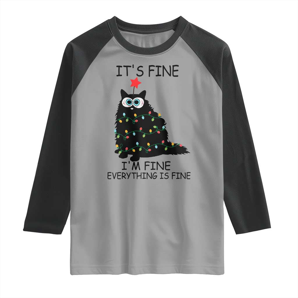 Funny Christmas Cat Raglan Shirt It's Fine I'm Fine Everything Is Fine Meowy Catmas Xmas TS10 Sport Gray Black Print Your Wear
