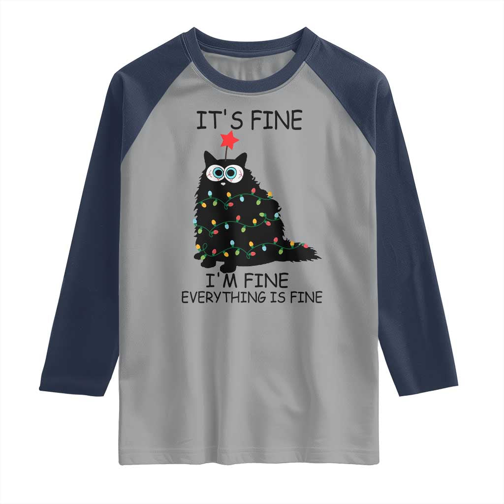 Funny Christmas Cat Raglan Shirt It's Fine I'm Fine Everything Is Fine Meowy Catmas Xmas TS10 Sport Gray Navy Print Your Wear