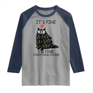 Funny Christmas Cat Raglan Shirt It's Fine I'm Fine Everything Is Fine Meowy Catmas Xmas TS10 Sport Gray Navy Print Your Wear