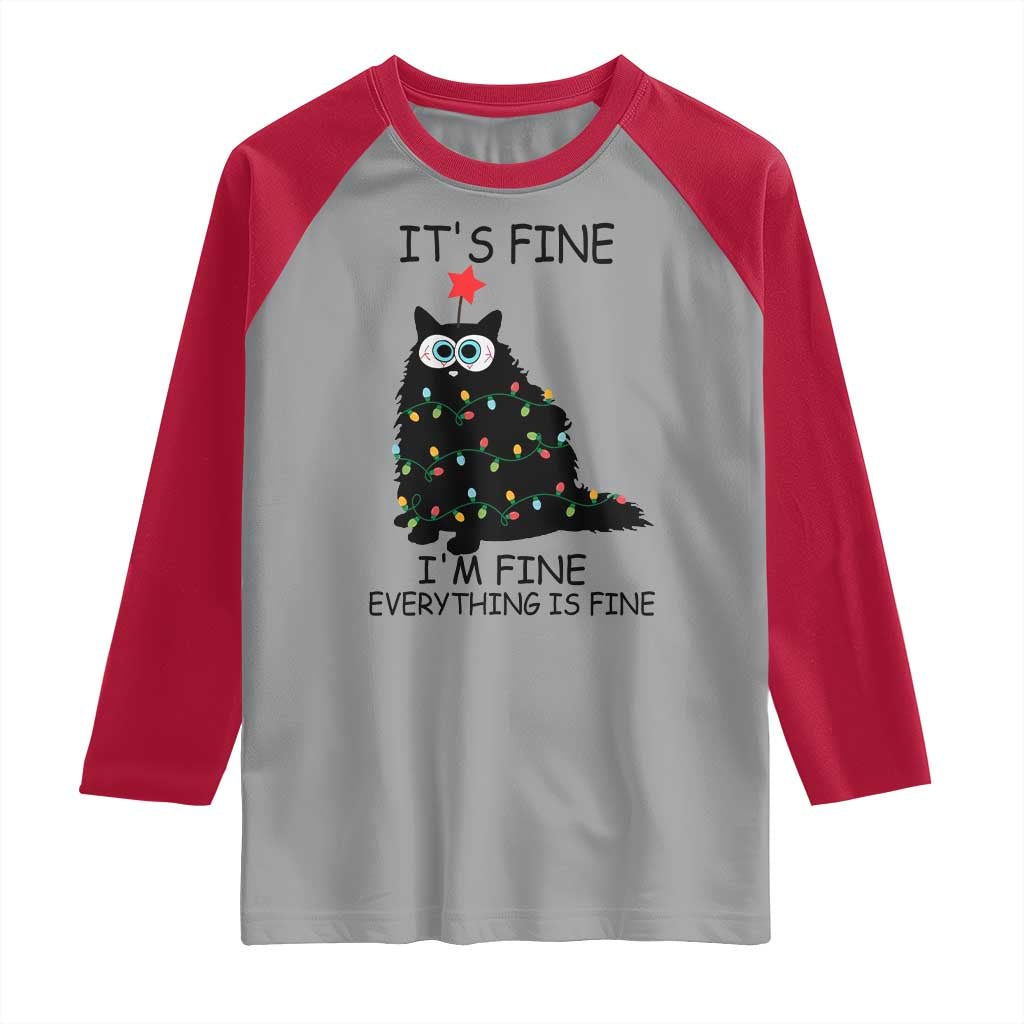 Funny Christmas Cat Raglan Shirt It's Fine I'm Fine Everything Is Fine Meowy Catmas Xmas TS10 Sport Gray Red Print Your Wear