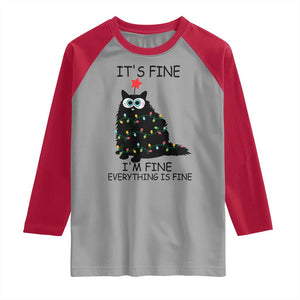 Funny Christmas Cat Raglan Shirt It's Fine I'm Fine Everything Is Fine Meowy Catmas Xmas TS10 Sport Gray Red Print Your Wear