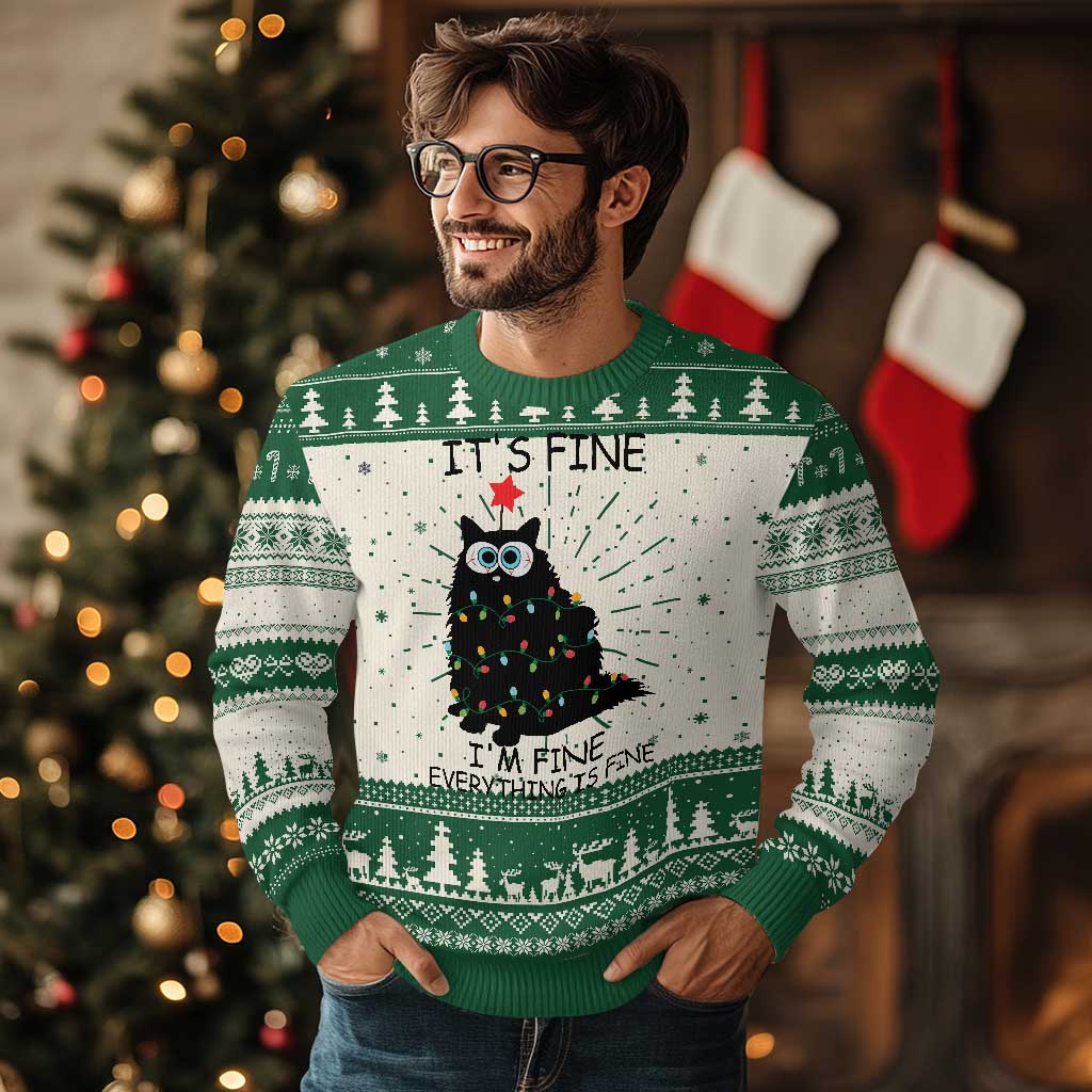 Funny Christmas Cat Ugly Christmas Sweater It's Fine I'm Fine Everything Is Fine Meowy Catmas Xmas TS10 Green Print Your Wear