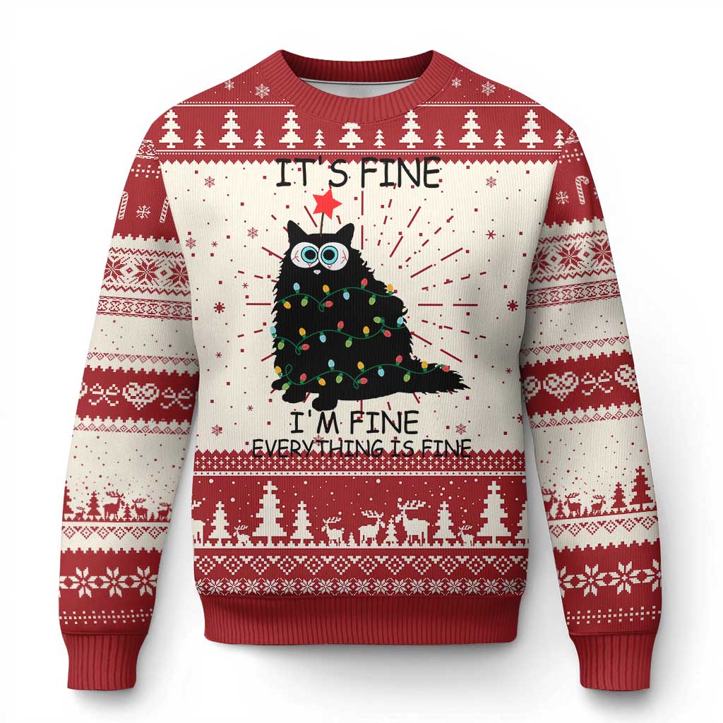 Funny Christmas Cat Ugly Christmas Sweater It's Fine I'm Fine Everything Is Fine Meowy Catmas Xmas TS10 Red Print Your Wear