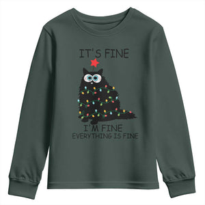 Funny Christmas Cat Youth Sweatshirt It's Fine I'm Fine Everything Is Fine Meowy Catmas Xmas TS10 Dark Forest Green Print Your Wear