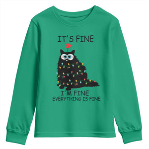 Funny Christmas Cat Youth Sweatshirt It's Fine I'm Fine Everything Is Fine Meowy Catmas Xmas TS10 Irish Green Print Your Wear